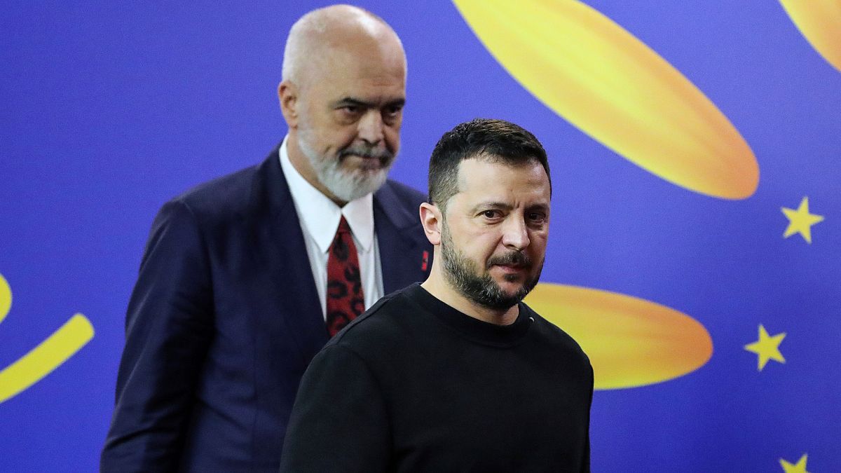 Ukrainian President Volodymyr Zelenskyy, foreground, and Albanian Prime Minister Edi Rama in Tirana, Albania, Wednesday, Feb. 28, 2024.