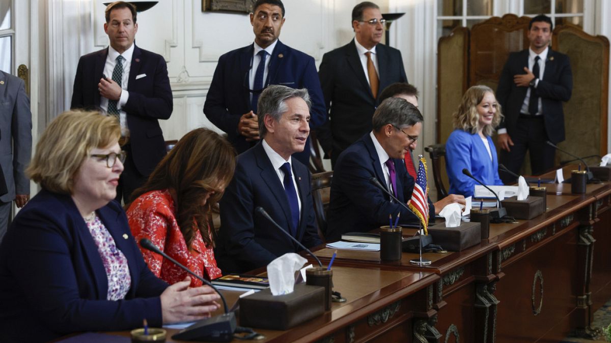 U.S. Secretary of State Antony Blinken,third left, listens, during a meeting with Egyptian Foreign Minister Sameh Shoukry, in Cairo, Egypt, Thursday, 21 March, 2024.