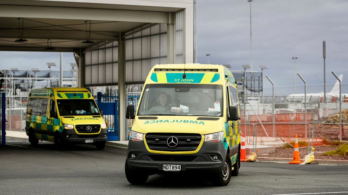 Ambulances leave Auckland International Airport on 11 March 2024.