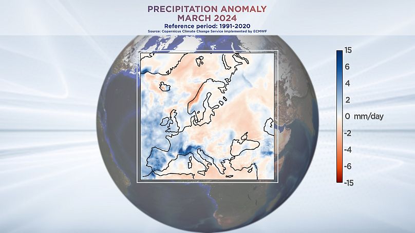 W marcu 2024 r. w Europie Południowej opady przekraczały średnią. Dane z usługi Copernicus Climate Change Service wdrożonej przez ECMWF