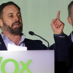 Santiago Abascal, leader of far-right Vox Party, addresses supporters outside the party headquarters after the announcement of the general election first results, in Madrid.