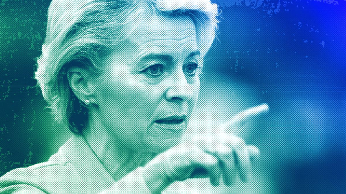 European Commission President Ursula von der Leyen gestures as she speaks at the European Parliament in Strasbourg, October 2022