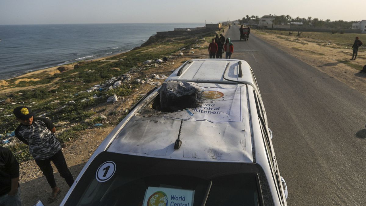 FILE - Palestinians inspect a vehicle with the logo of the World Central Kitchen wrecked by an Israeli airstrike in Deir al Balah, Gaza Strip, Tuesday, April 2, 2024.