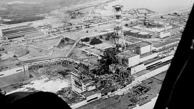 Widok z lotu ptaka na Czarnobyl po katastrofie nuklearnej w 1986 roku
