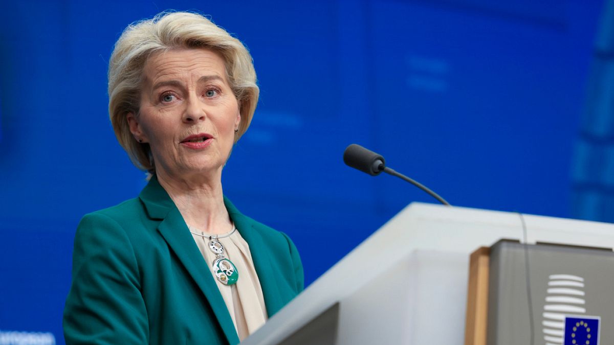 European Commission President Ursula von der Leyen addresses a media conference at the conclusion of an EU Summit in Brussels, Friday, March 22, 2024.