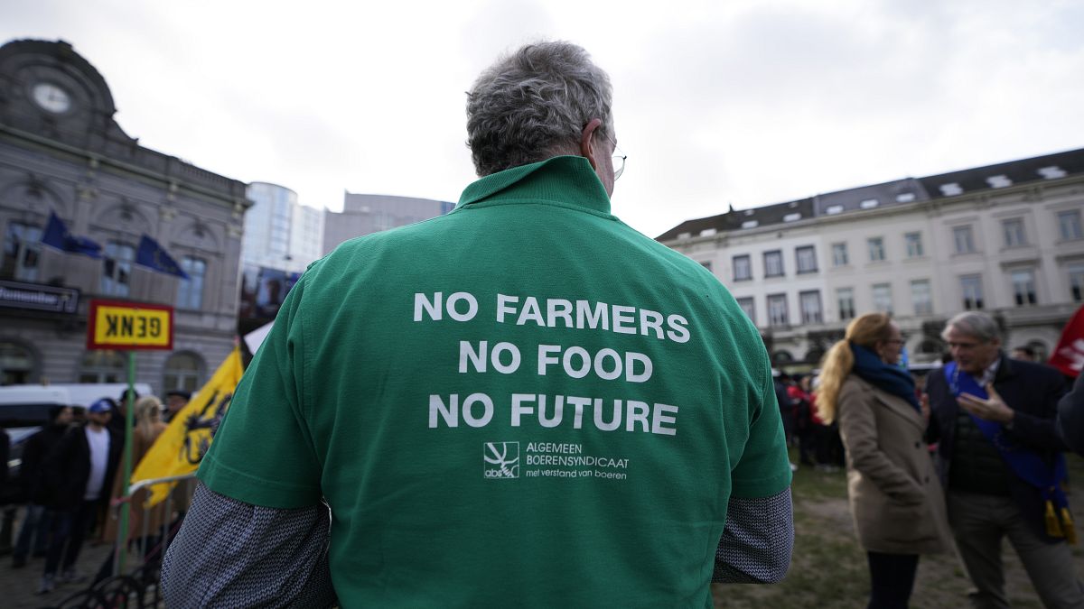 A farmer wears a shirt with a message during a demonstration of French and Belgian farmers outside the European Parliament in Brussels, on 24 January.