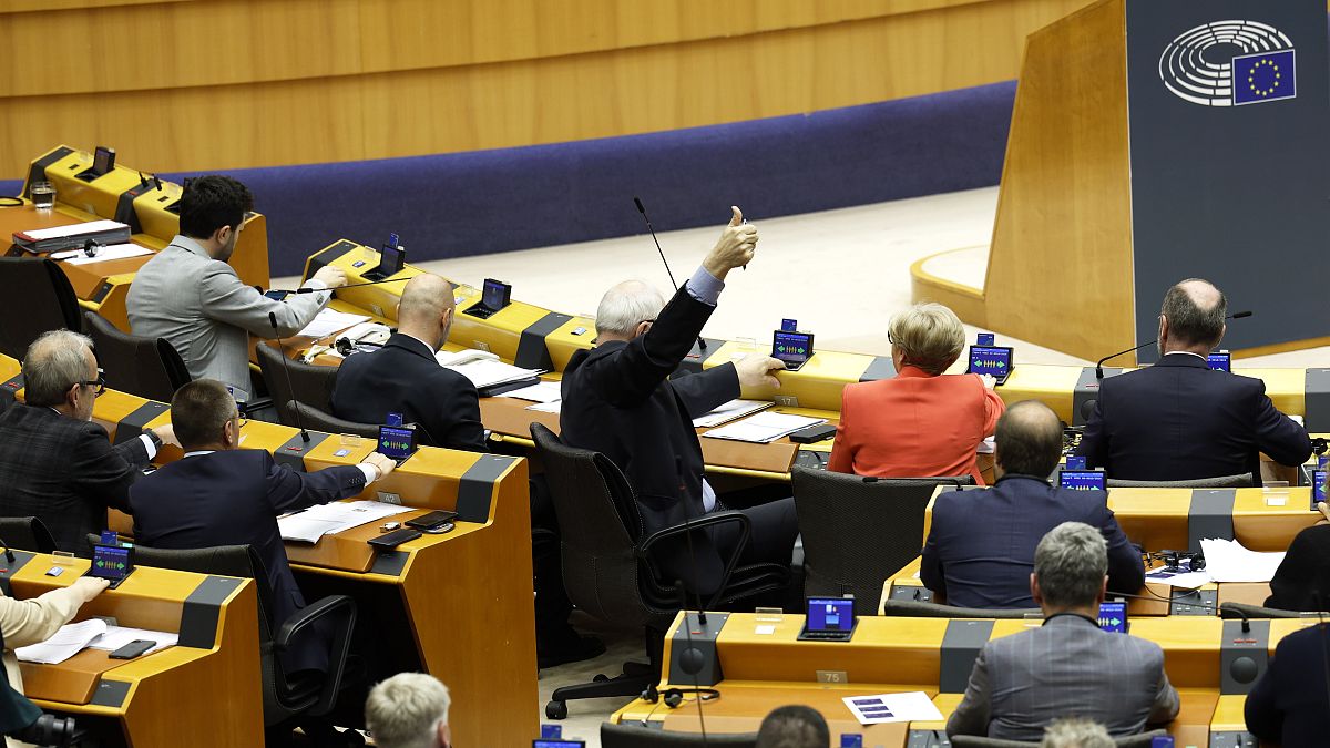 Members of European Parliament participate in a series of votes as they attend a plenary session at the European Parliament in Brussels, Wednesday, April 10, 2024.