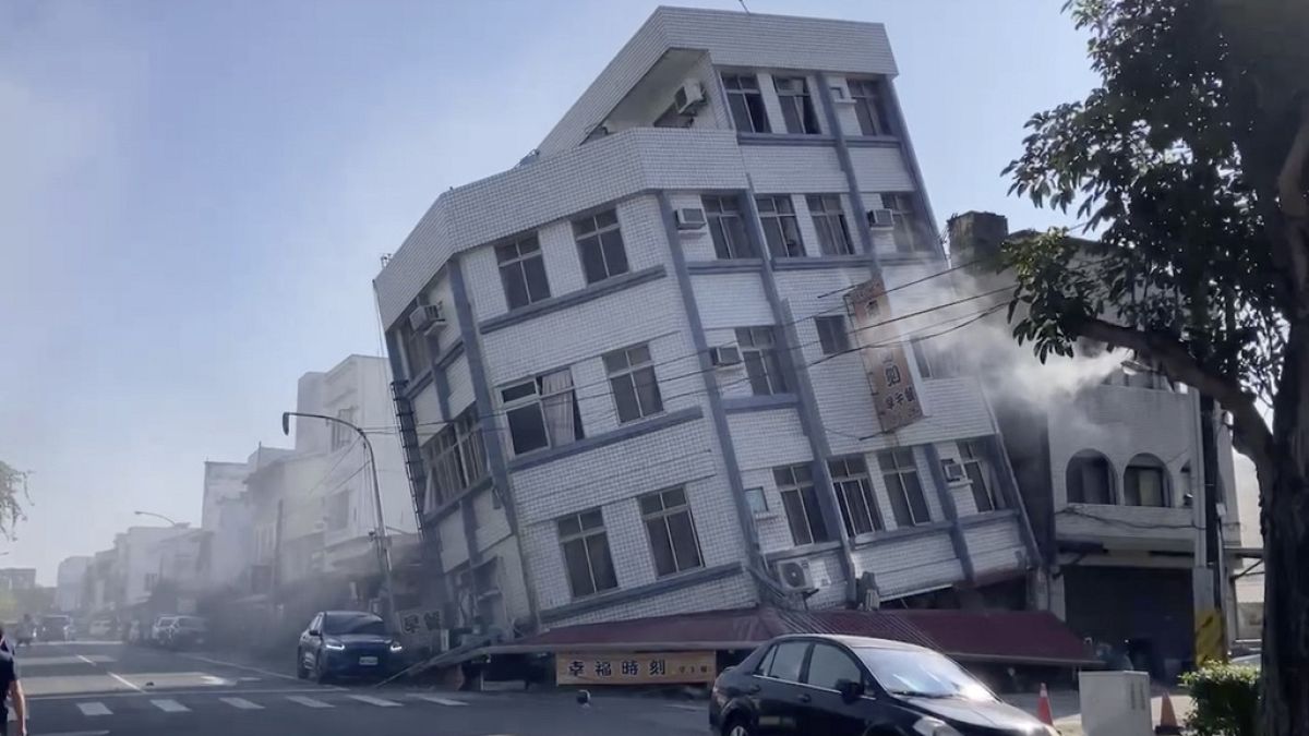 A partially collapsed building is seen in Hualien, eastern Taiwan after powerful earthquake