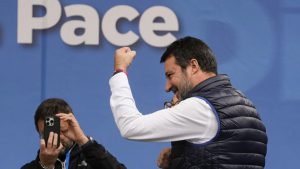 Italian Infrastructure Minister and leader of the Northern League party Matteo Salvini attends a rally pro West and against fundamentalism, in Milan, Italy.