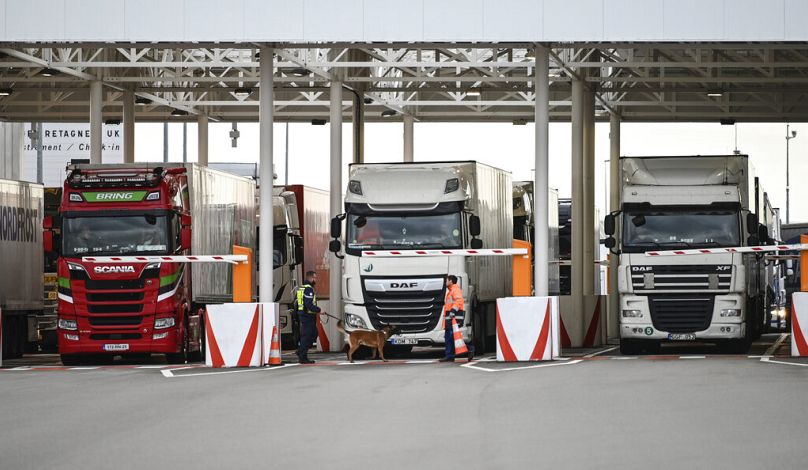 Pracownik Eurotunelu wraz z psem sprawdza ciężarówki jadące do Wielkiej Brytanii przy wyjściu z tunelu pod kanałem La Manche w Calais