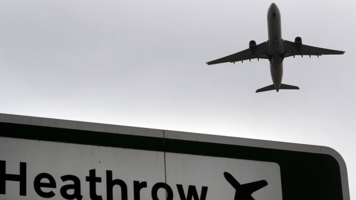 Trouble ahead? A plane takes off over a road sign near Heathrow Airport.