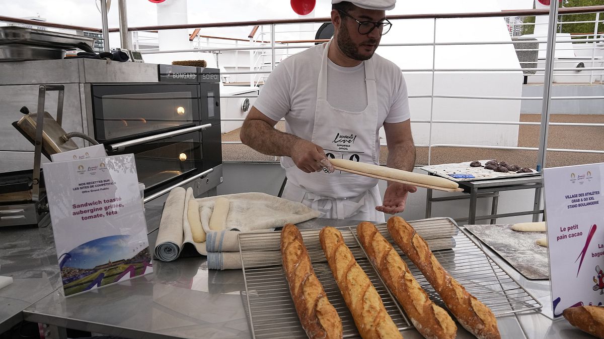 French baker Tony Dore prepares baguettes, like those that will be served during the. Olympic Games, April 30, 2024