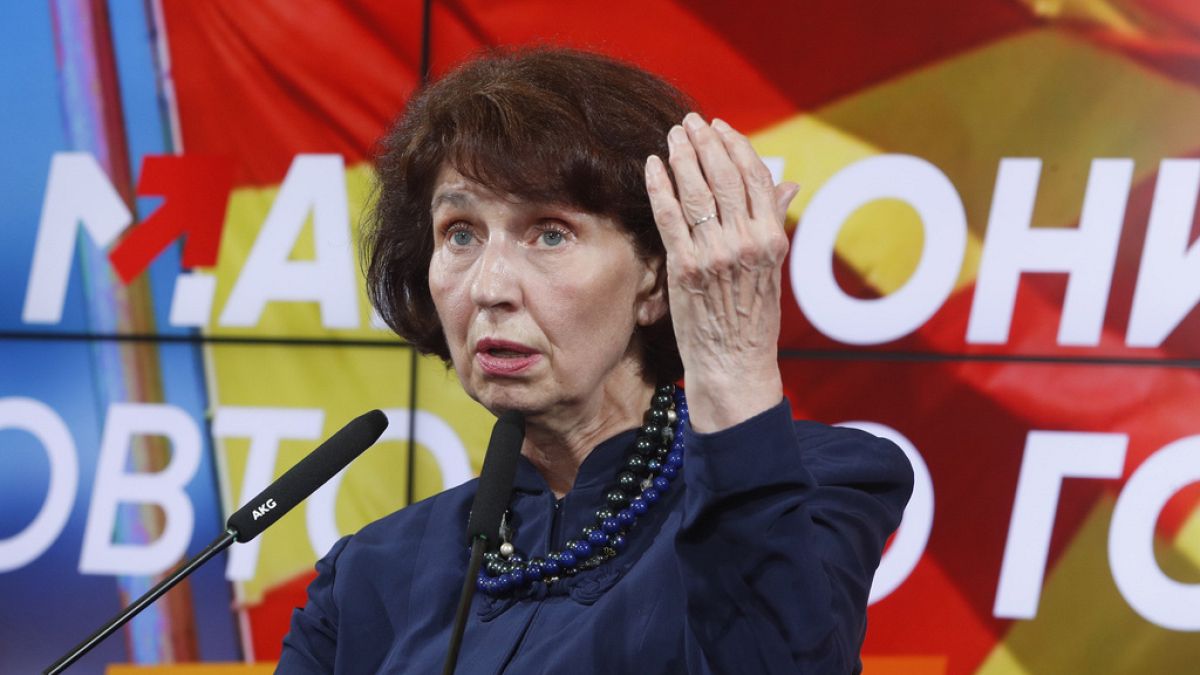 Gordana Siljanovska Davkova, presidential candidate backed by the nationalist VMRO-DPMNE party, speaks during a news conference in Skopje, 8 May 2024