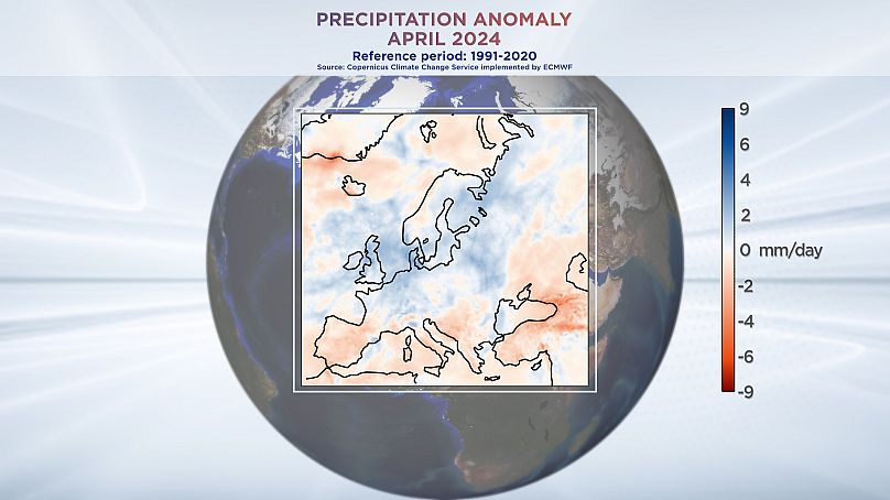 Anomalia opadów w Europie, kwiecień 2024 r. Dane z usługi Copernicus Climate Change Service wdrożonej przez ECMWF