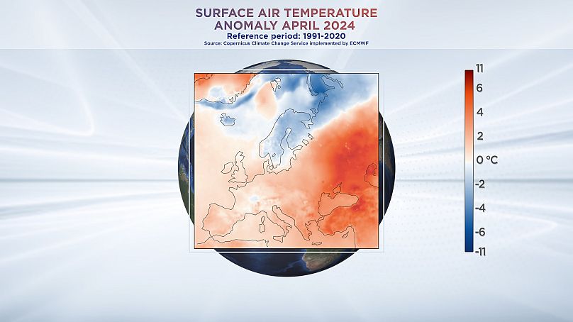 Anomalia temperatury powietrza na powierzchni Europy, kwiecień 2024 r. Dane z usługi Copernicus Climate Change Service wdrożonej przez ECMWF