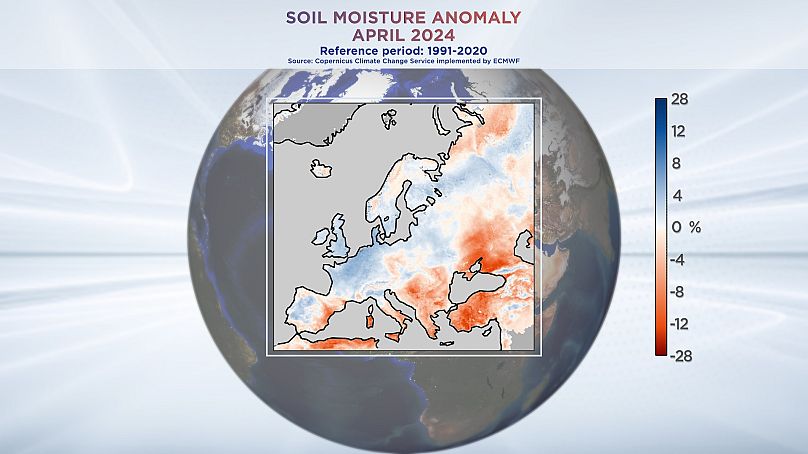 Anomalia wilgotności gleby w Europie, kwiecień 2024 r. Dane z usługi Copernicus Climate Change Service wdrożonej przez ECMWF