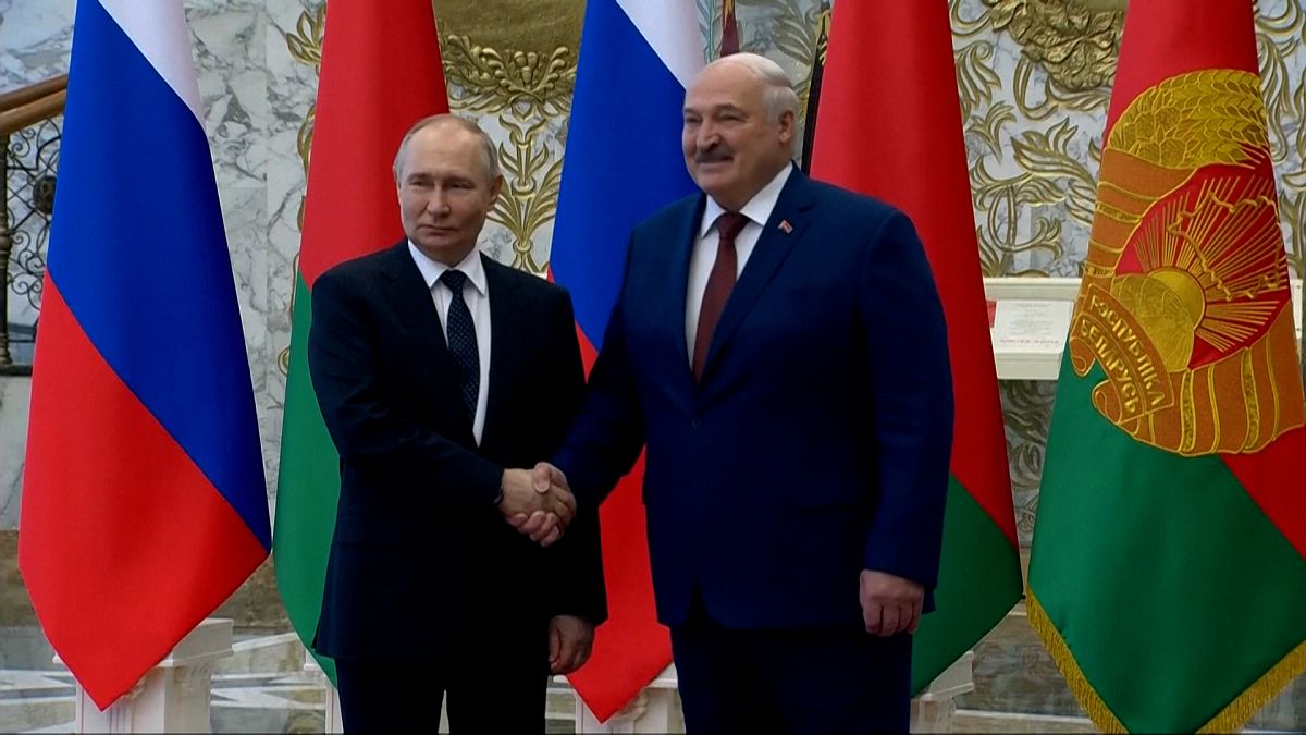 Russian President Vladimir Putin (left) shaking hands with Belarusian President Alexander Lukashenko in Minsk, Belarus, Friday, May 24, 2024.