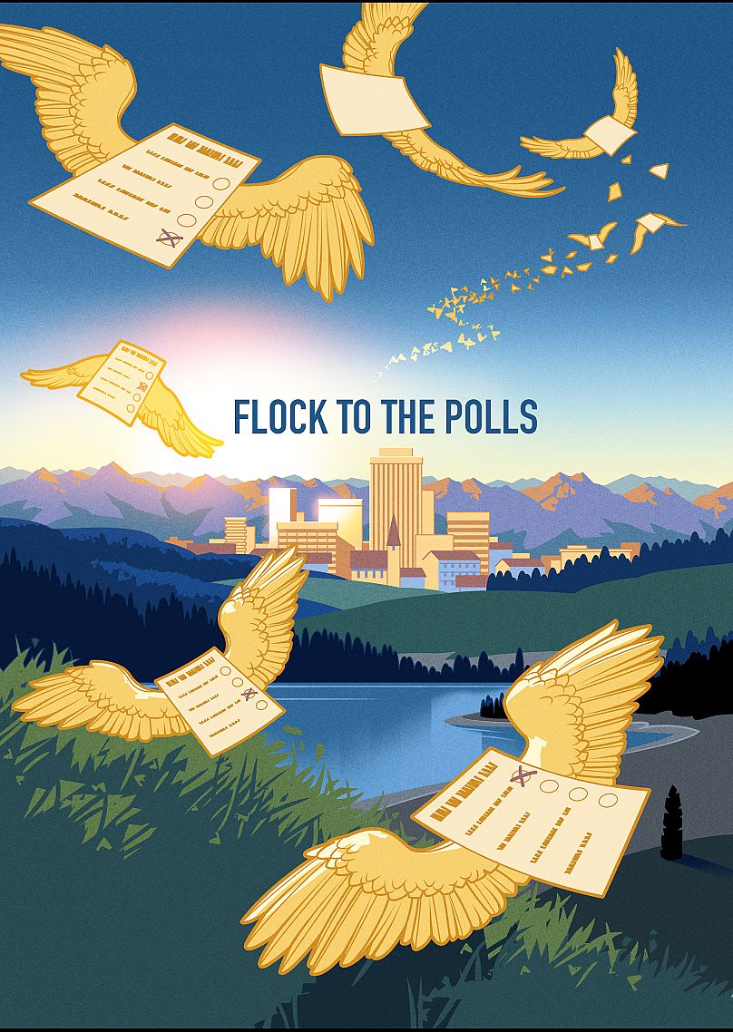 Plakat austriackiego ilustratora Michaela Pleesza dla Get Out & Vote/