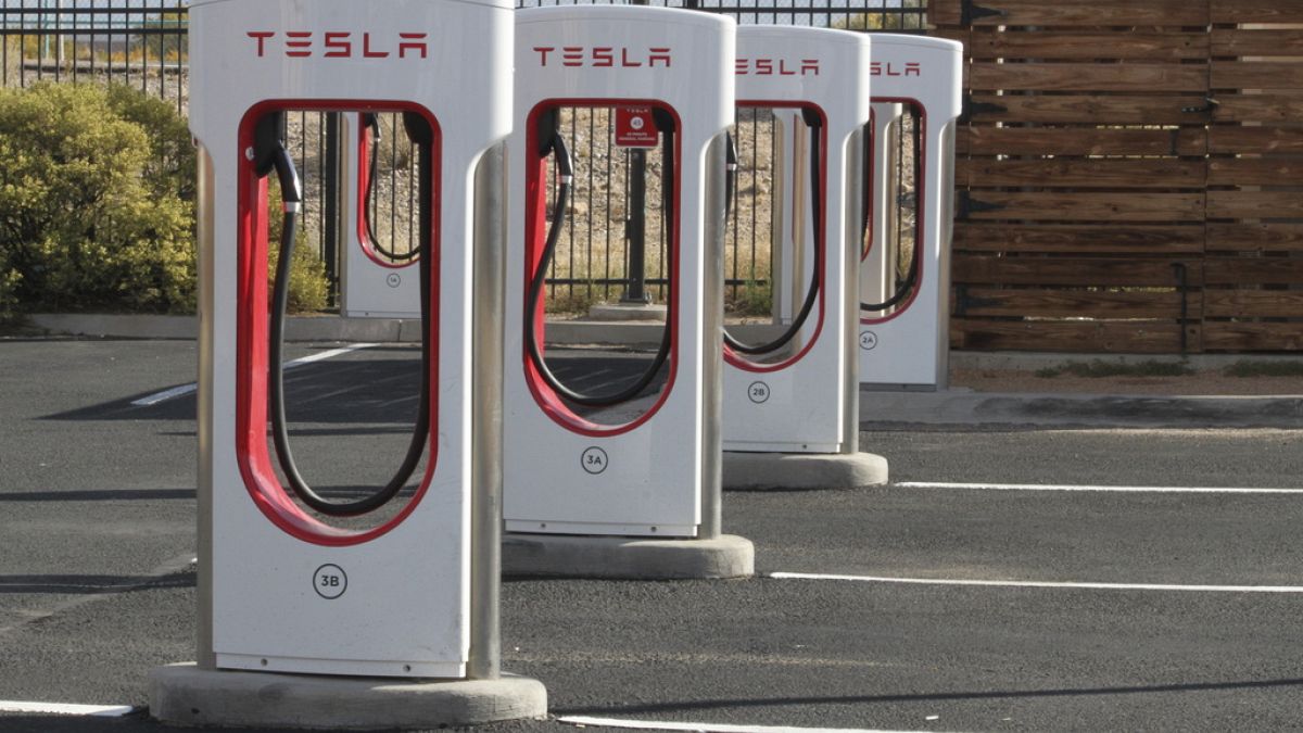 A Tesla charging station sits idle in Albuquerque, New Mexico, on Wednesday, Nov. 15, 2023.