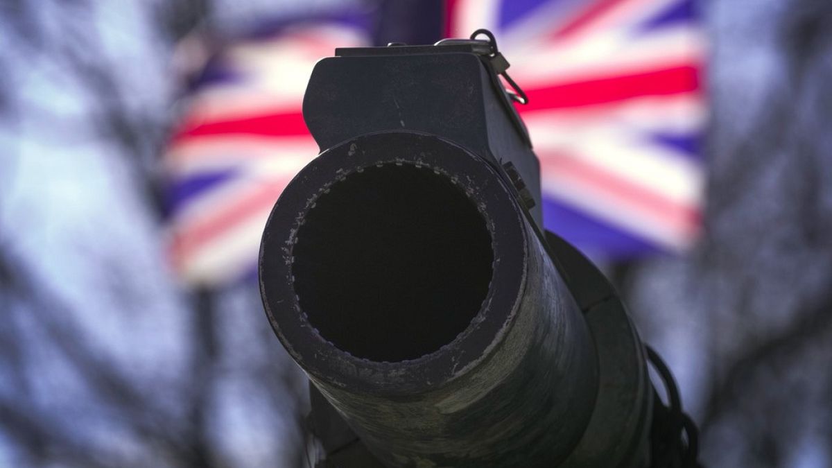 A cannon in front of a UK flag during a celebration of the 20th anniversary of Estonia