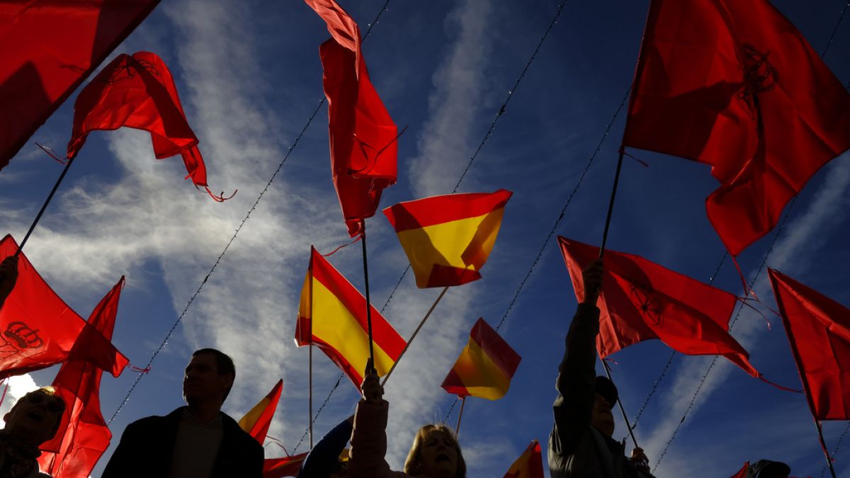 Demonstrators waves Spanish and Navarre flags as they protest against the amnesty at Plaza del Castillo square, in Pamplona, northern Spain, Saturday, Nov. 18, 2023.