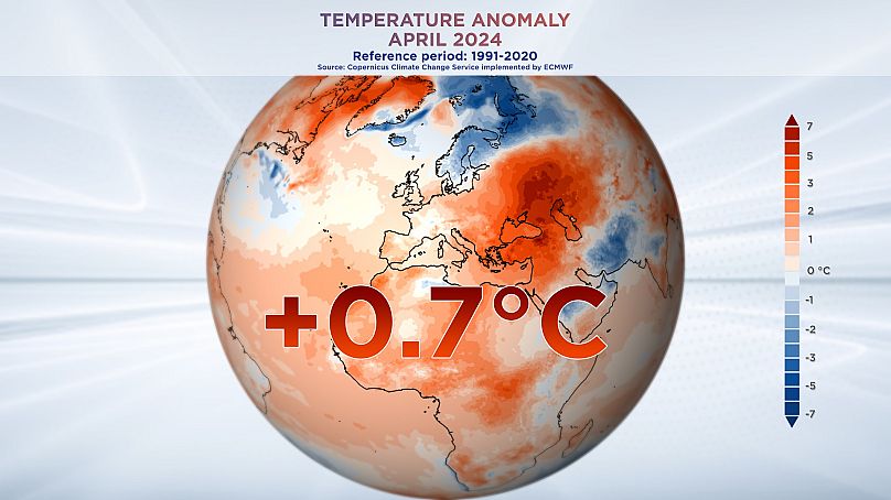 Anomalia temperaturowa, kwiecień 2024 r. Dane z usługi Copernicus Climate Change Service wdrożonej przez ECMWF