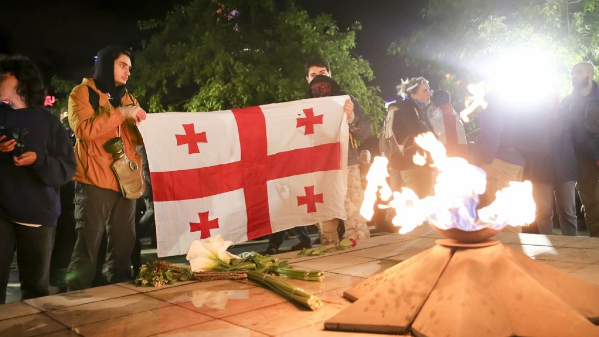 Demonstrators hold a Georgian national flag during protest against