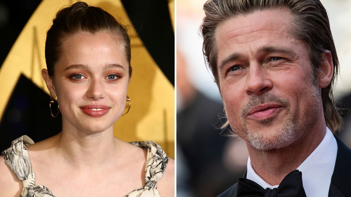 Shiloh Jolie in 2021 and Brad Pitt