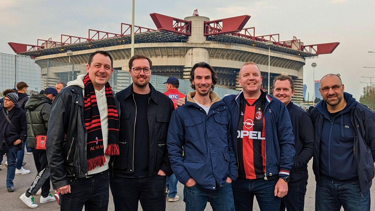 Ross and his friends outside the San Siro stadium in Milan.