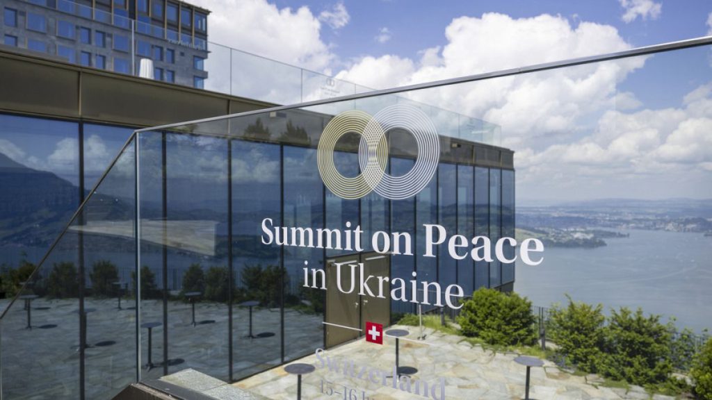 The logo of the peace summit is pictured in Buergenstock, Switzerland, Thursday, June 13, 2024.