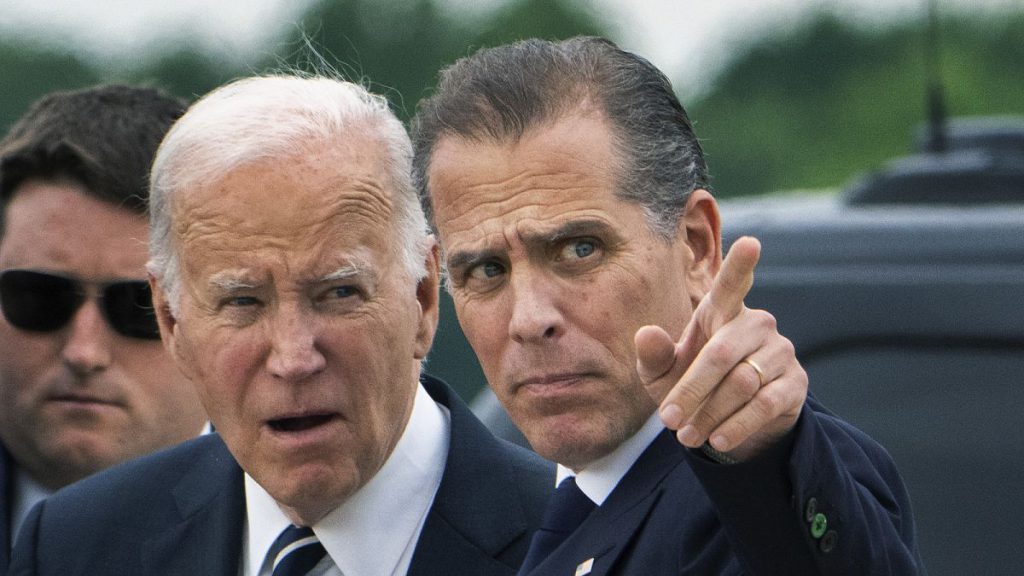 President Joe Biden talks with his son Hunter Biden as he arrives Delaware Air National Guard Base in New Castle, Del., 11 June 2024