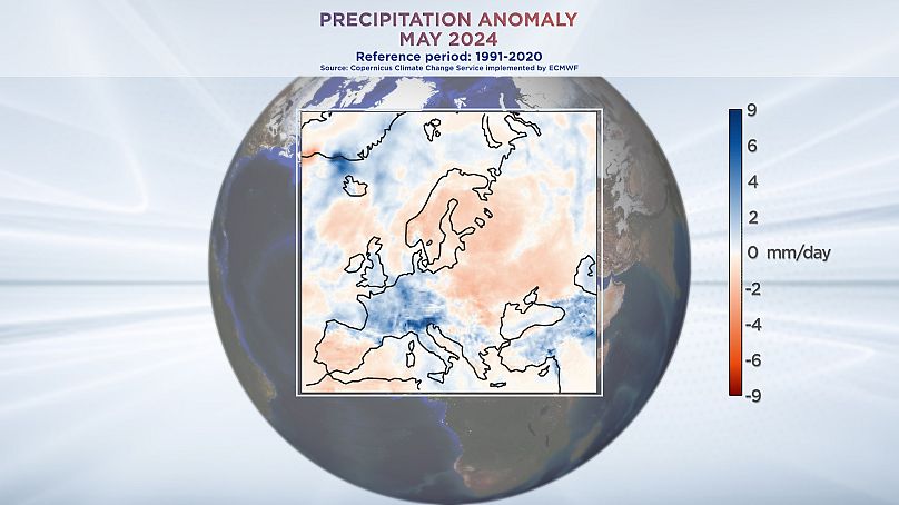 Anomalia opadów maj 2024 r. Dane z usługi Copernicus Climate Change Service wdrożonej przez ECMWF