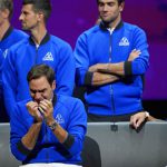An emotional Roger Federer, left, of Team Europe sits alongside Rafael Nadal after their Laver Cup doubles match against Team World.