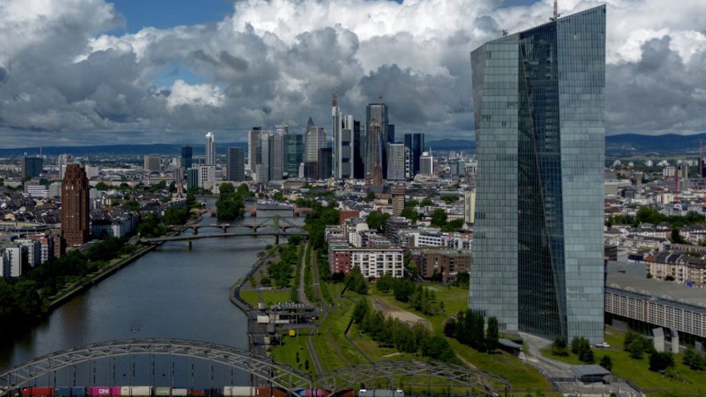 Clouds cover the sky over the banking district with the European Central Bank, in Frankfurt, Germany,