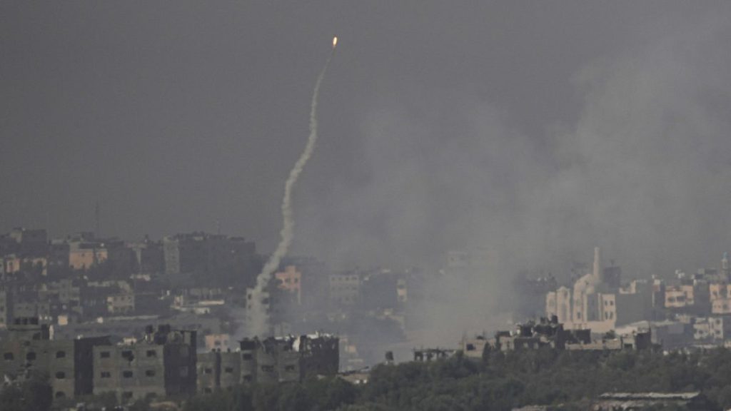 FILE - A rocket launched at Israel from the Gaza Strip is seen misfiring before landing inside Gaza, as seen from southern Israel, Oct. 23, 2023.