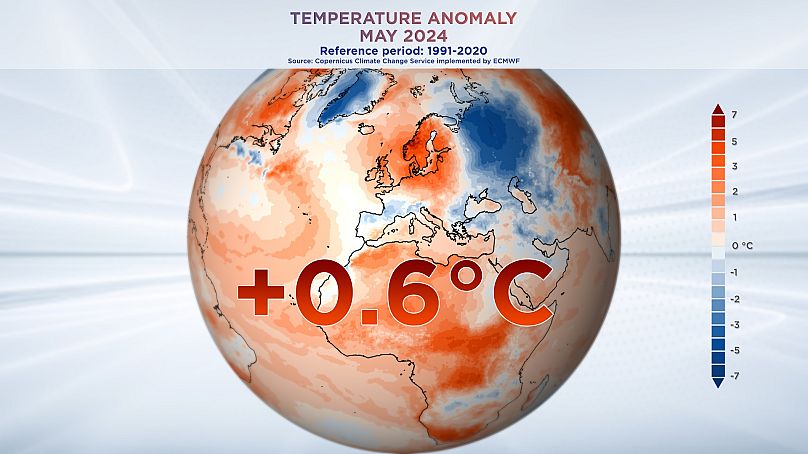 Anomalia temperaturowa, maj 2024 r. Dane z usługi Copernicus Climate Change Service wdrożonej przez ECMWF