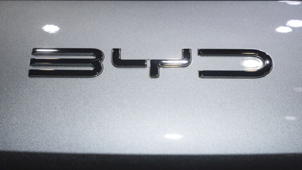 The BYD logo is pictured during the press day at the 91th Geneva International Motor Show (GIMS) in Geneva, Switzerland, Monday, Feb. 26, 2024.