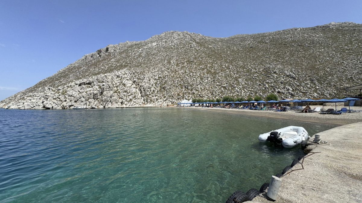 Beach of Agios Nikolaos from where British doctor and television presenter Michael Mosley, is believed to have set out, on the island of Symi. June 7th 2024