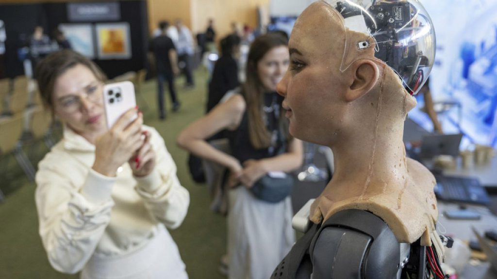 Humanoid robot Sophia is pictured during the ITU