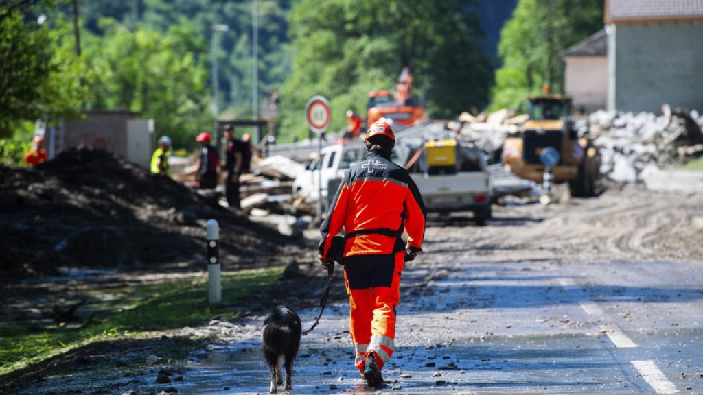 Cleanup work is underway at the Sorte village, community of Lostallo, Southern Switzerland, after a landslide, caused by the bad weather and heavy rain in the Misox valley.