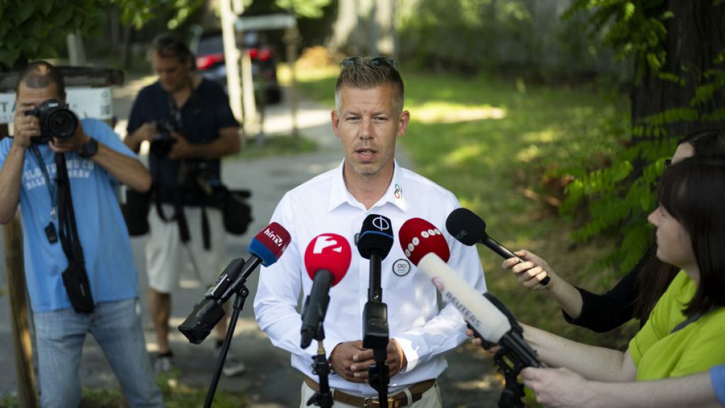 Political newcomer Péter Magyar speaks to the media after casting his ballot, at a polling station during European Parliamentary elections, in Budapest, Sunday, June 2024.