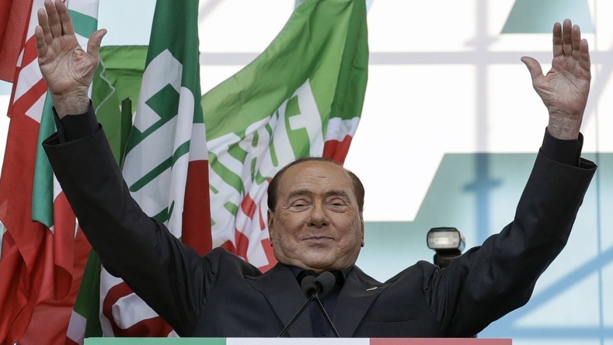 The late Silvio Berlusconi addresses a rally in Rome in 2019