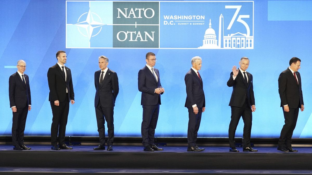 Nato leaders wait to leave the stage after the family photograph during the Nato 75th anniversary summit at the Walter E. Washington Convention Center, July 10th.