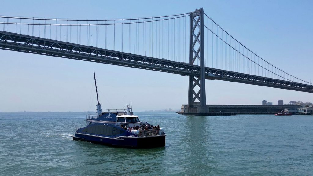 The MV Sea Change, the first commercial passenger ferry powered by hydrogen fuel cells, is seen on the water.