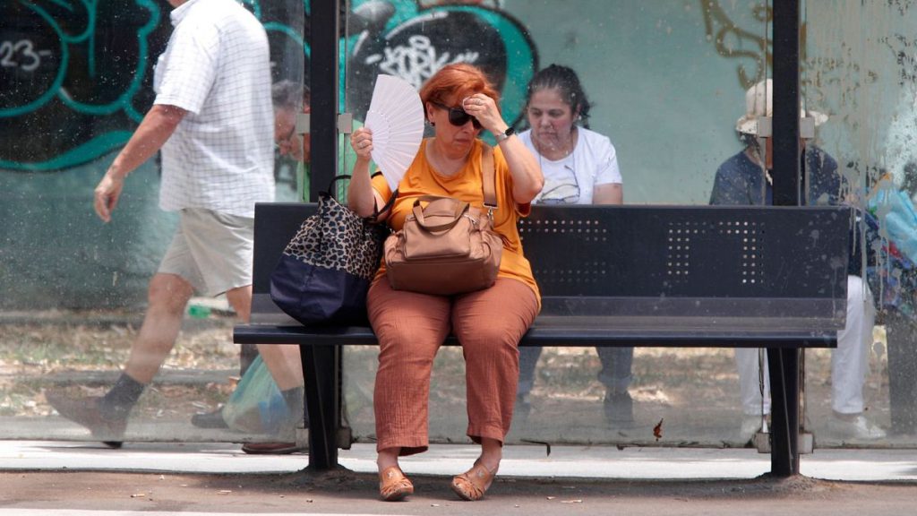 A woman tries to cool herself while waiting for a bus on a hot day in Skopje, North Macedonia, on 20 June 2024.