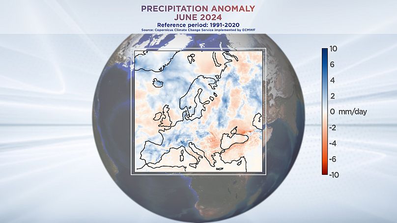 Anomalia opadów w czerwcu 2024 r. Dane z usługi Copernicus Climate Change Service wdrożonej przez ECMWF