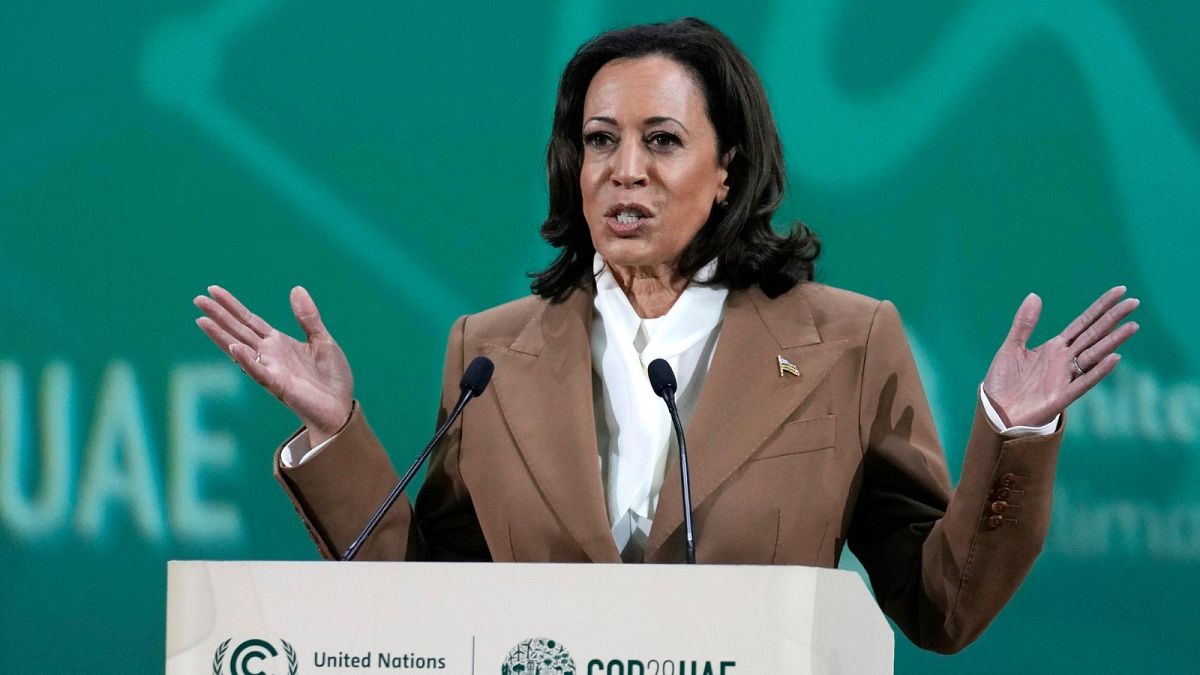 Vice President Kamala Harris speaks at the COP28 UN Climate Summit, 2 December 2023, in Dubai, United Arab Emirates.