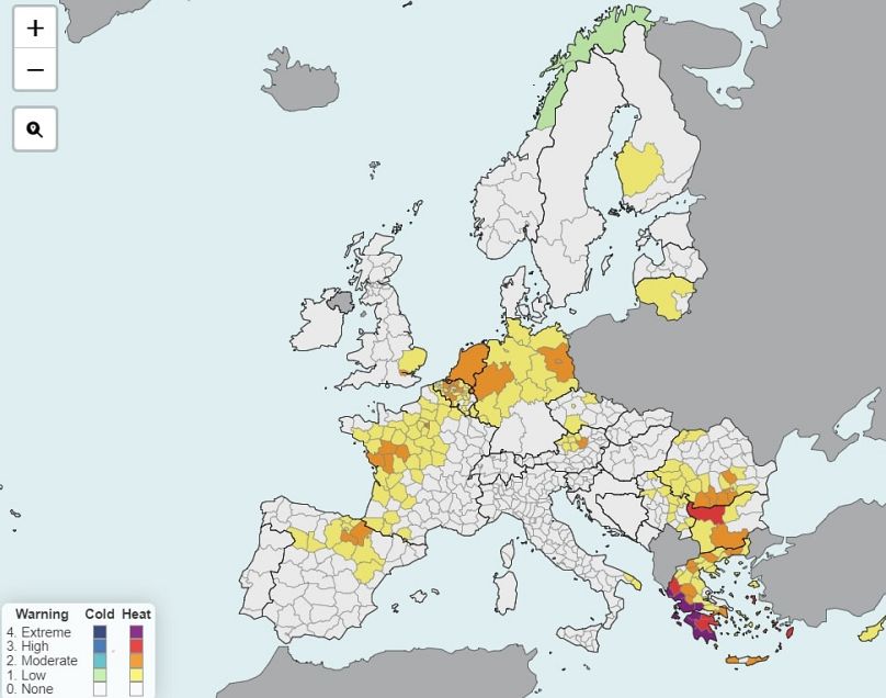 Mapa Forecaster.health z 26 czerwca, bez filtrów według wieku i płci, pokazuje, że dziś największe ryzyko upałów mają mieszkańcy zachodniej Grecji.