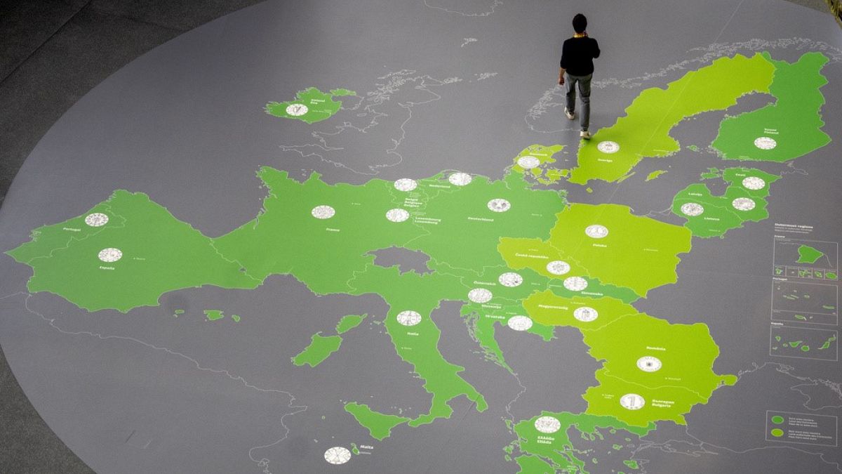 A map showing the countries of the Eurozone in the hallway of the ECB after a meeting of the ECB