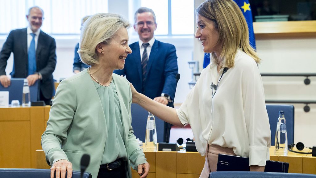 Ursula von der Leyen (left) and European Parliament president Roberta Metsola on 2 July at a meeting of political group presidents